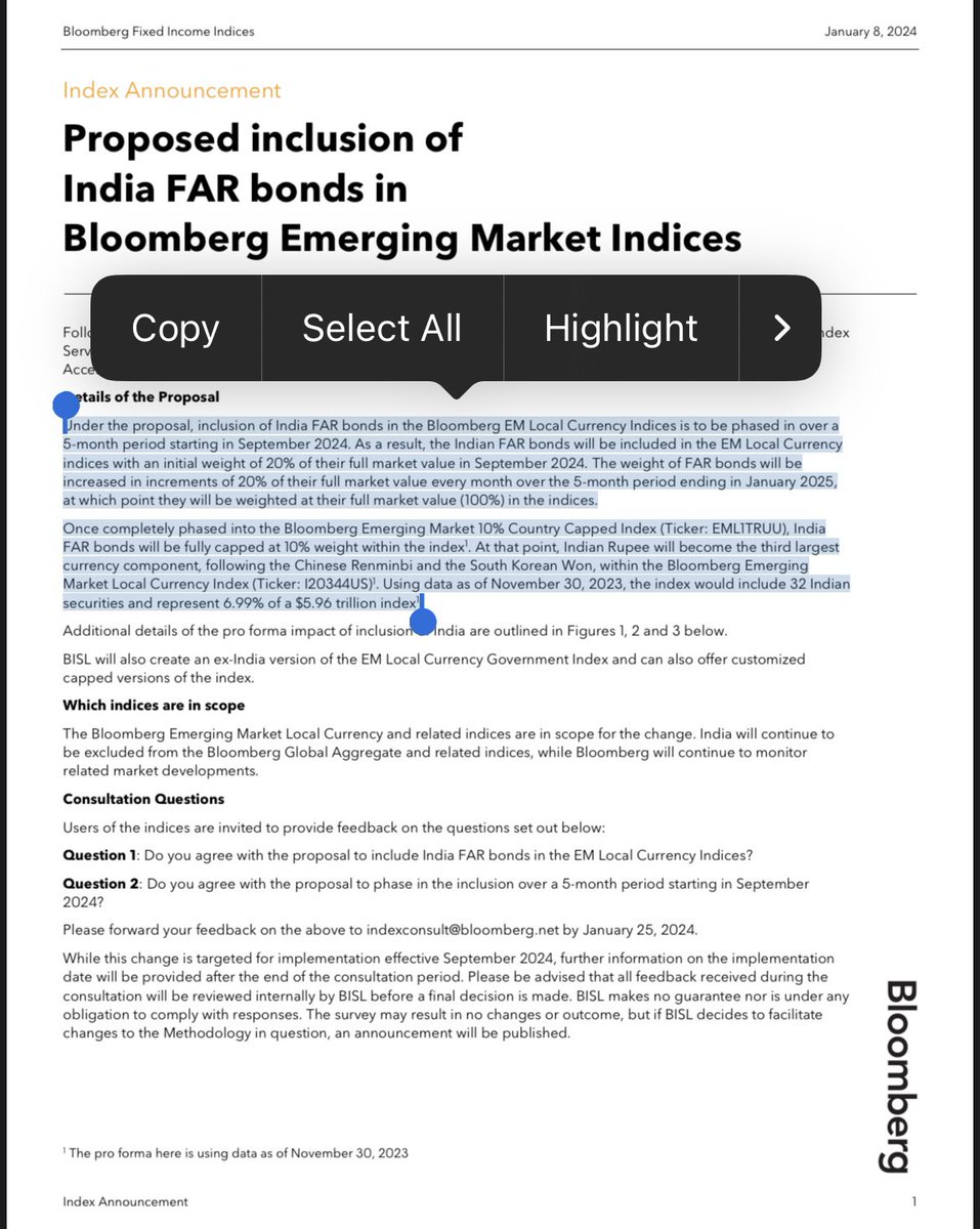 After JPMorgan, Bloomberg EM index proposes to include india Govt bonds.

Launches consultation process; proposes inclusion starting Sept 2024.

This is not the big BBG index (that is BBG global aggregate) so flow impact may be relatively muted. 

Nevertheless adds to what will