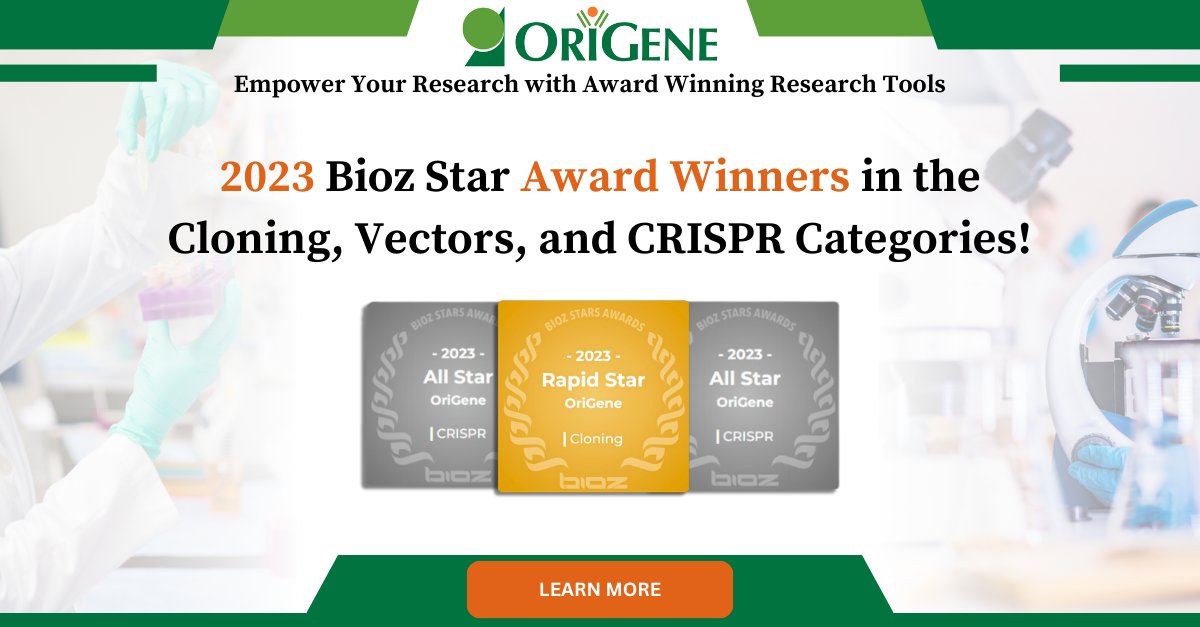 origenebio's tweet photo. We're thrilled to announce that OriGene has received 2023 Bioz Stars Awards in the Cloning, Vectors, and CRISPR categories! Explore our award-winning products in each category: 

Clones: https://t.co/n1vaidobNB
Vectors: https://t.co/02PDnPM7Dq
CRISPR: https://t.co/7ORNYTlyZE https://t.co/wW0zTSCib7