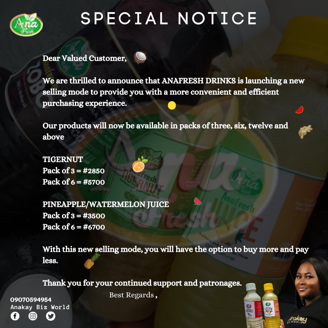 Anakay_Biz_987's tweet photo. Our products will now be available in packs of three, six, twelve and above
TIGERNUT
Pack of 3 = #2850
Pack of 6 = #5700
PINEAPPLE/WATERMELON JUICE
Pack of 3 = #3500
Pack of 6 = #6700
buy more and pay less.
09070594954
#phtwittercomunity
TB Joshua Mummy Zee Debby Same BBC https://t.co/YdULPcdfQN