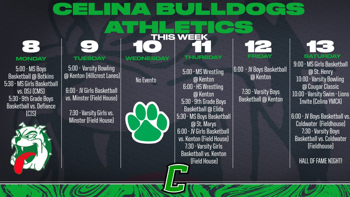 The Bulldog Weekly 1/8 - 1/13
🥇🥈🥉🎳🏊‍♂️🏀
#celinaathletics
#BeABulldog