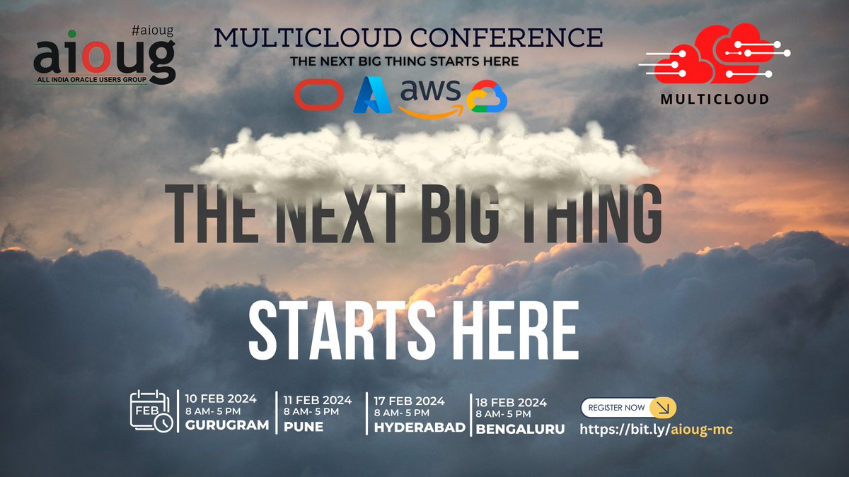 🌟 Exclusive Early Bird Offer for Multicloud 2024! 🌟

Exciting news! 🚀 We're thrilled to announce the early bird registration for Multicloud 2024 is now open! 🎉

📅 Dates &amp;📍 Locations
10-Feb-2024, Saturday - Gurugram - aioug.org/special-events…
11-Feb-2024, Sunday - Pune -