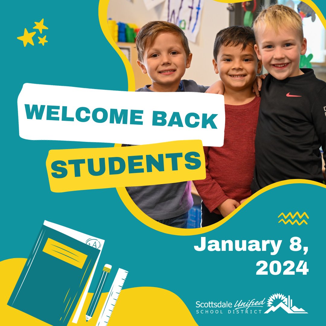 ScottsdaleUSD's tweet photo. Welcome back students! We hope you had a wonderful break!
Monday brings fresh beginnings, renewed energy, and a whole lot of new learning adventures! Let's make each moment count.
#BacktoSchool #SUSD #BecauseKids #WorldClassFutureFocused #OneTeam #AttendanceMatters https://t.co/fE27QPkOk2