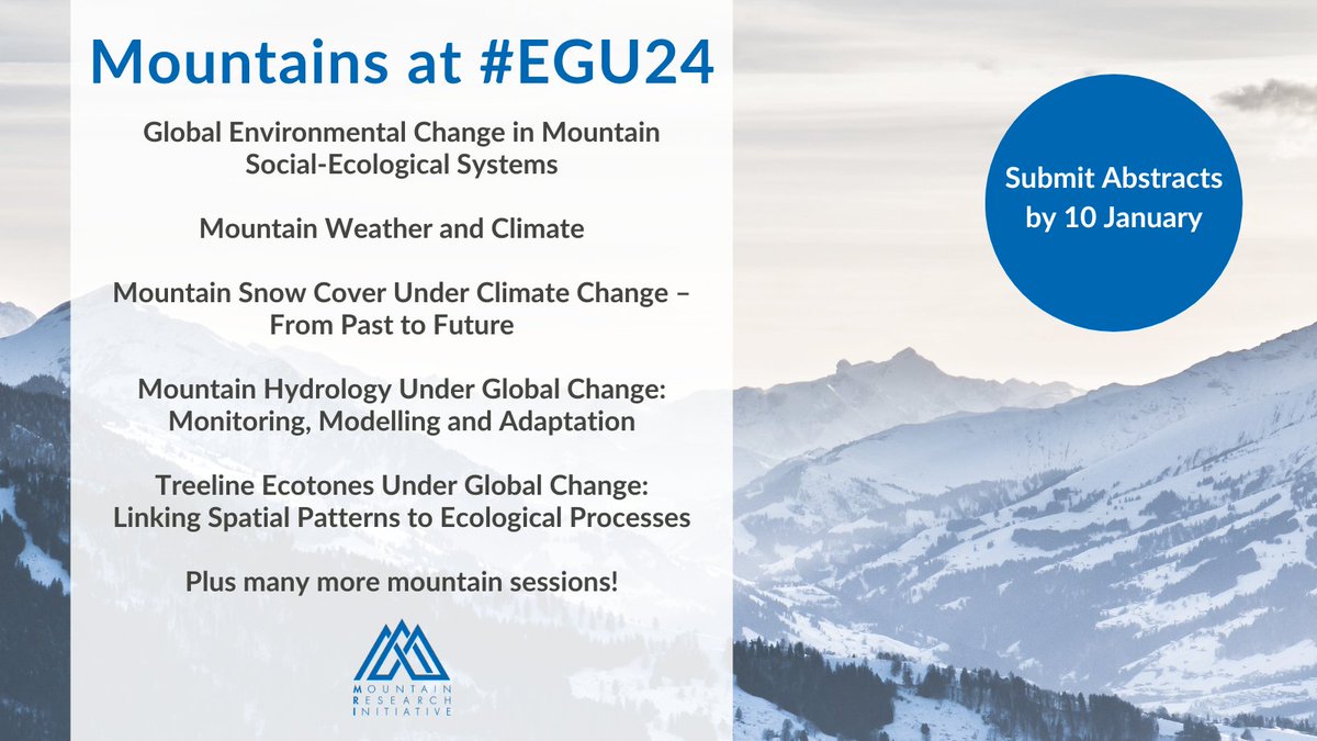 📢 Last chance to submit your abstract for #EGU24! Explore 20+ mountain sessions, including MRI-endorsed ones 🏔️ ⬇️ ⏱️ Deadline: 13:00 CET on 10 January 2024 🔗 View the list and submit today: loom.ly/atZMHg4 #OurChangingMountains #CallForAbstracts @EuroGeosciences