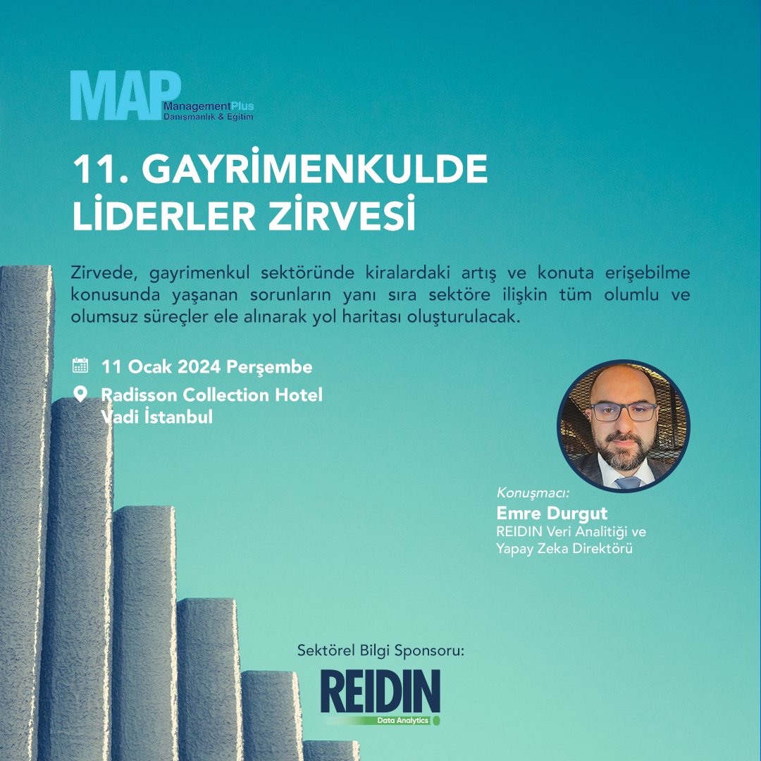 Gayrimenkulde Liderler Zirvesi 11 Ocak 2024 tarihinde gerçekleşecek ve REIDIN de sektörel bilgi sponsoru olarak katılıyor. Veri analitiği ve yapay zeka direktörümüz Emre Durgut'un konuşmasını dinlemek isteyenler için son 3 gün!

Link 👉 managementplus-tr.com/?p=1293