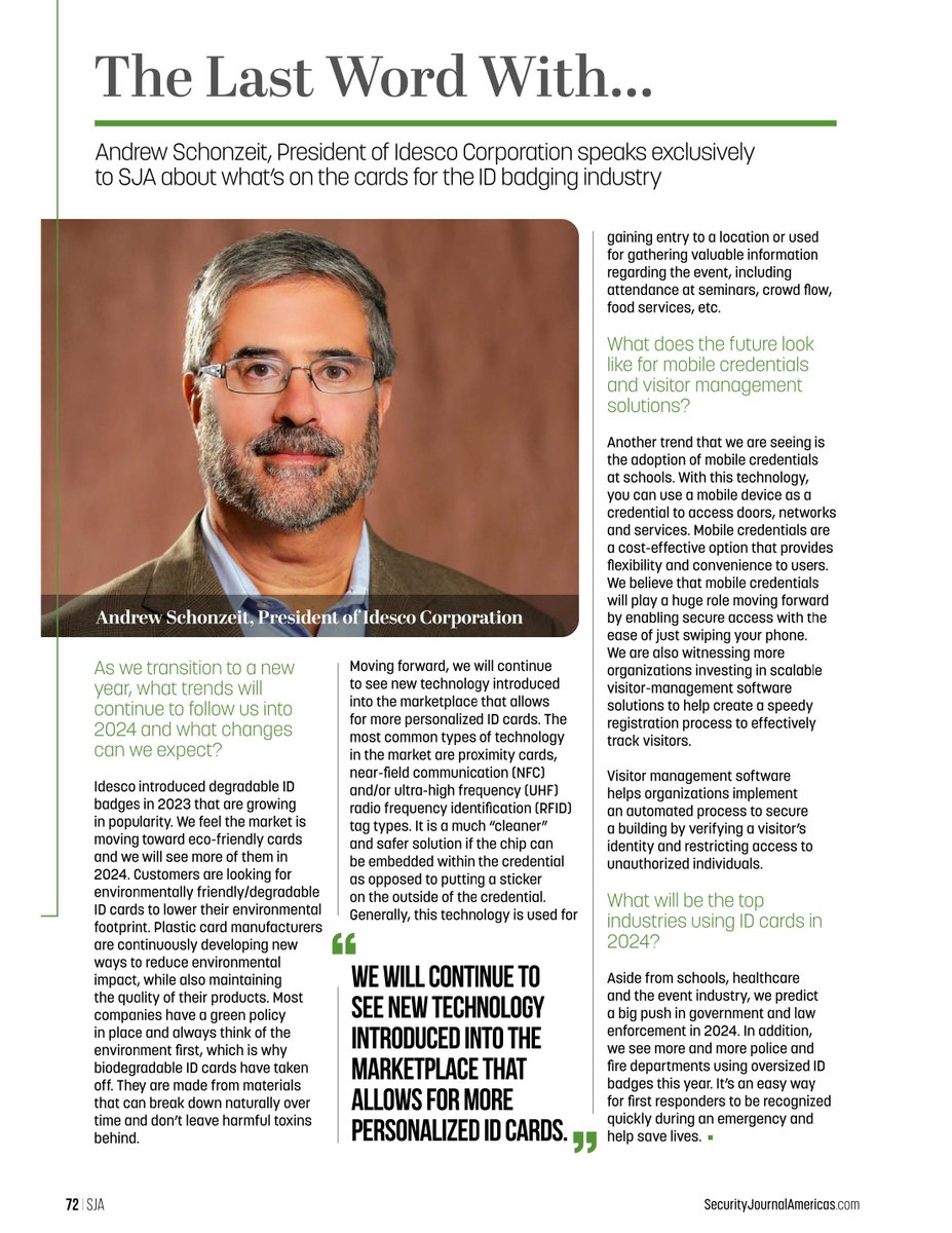 Idesco's tweet photo. Andrew Schonzeit, President of ldesco Corp. speaks exclusively to @SJAmericas about what's on the cards for the ID badging industry: https://t.co/NbuH5HLGwf https://t.co/VDyMtA5hZL