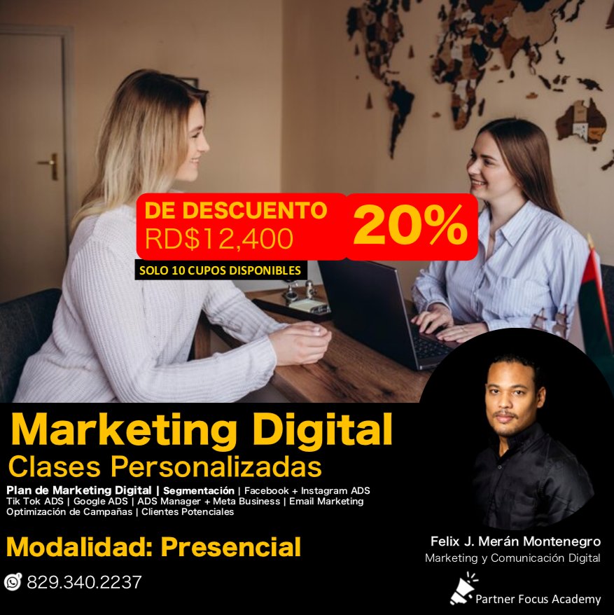 partnerfocus's tweet photo. 😍🔥🎊🎉 Clases Personalizada de Marketing Digital 𝗦𝗼𝗹𝗼 10 𝗰𝘂𝗽𝗼𝘀 𝗱𝗶𝘀𝗽𝗼𝗻𝗶𝗯𝗹𝗲𝘀 Enero  𝟮𝟬𝟮4
.
APRENDE a promover, posicionar, captar oportunidades de ventas y dar seguimiento de clientes.
Son *clases personalizadas dónde solo está usted y el facilitador* https://t.co/fEq3LgmQCg