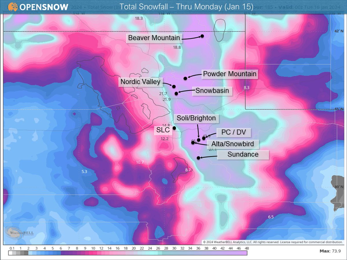 WasatchSnow's tweet photo. Northern Utah resorts look like they are going to get 30-60" of snow over the next week, but there's a chance a few places go even higher if the current forecasts hold. Full forecast on @OpenSnow https://t.co/i3du0FlETh