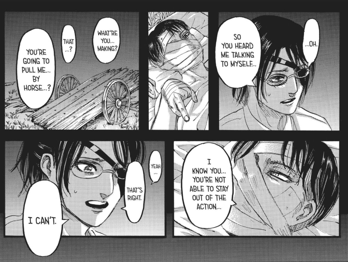 kyuujuuhachi's tweet image. I'll never get over how gentle hanji was with levi. the way they spoke to him, tended to his wounds, the fact that they built him a cart so he doesn't have to push himself when they travel while he is still recuperating from his injuries. IT'S SO TENDER