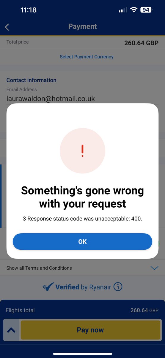 Get_up_Laura's tweet photo. @Ryanair is your booking pushing glitches? I’ve tried to book flights on the app, and on the website multi pal times and with two different cards and it keeps saying somethings gone wrong https://t.co/qzWKyQaaYz