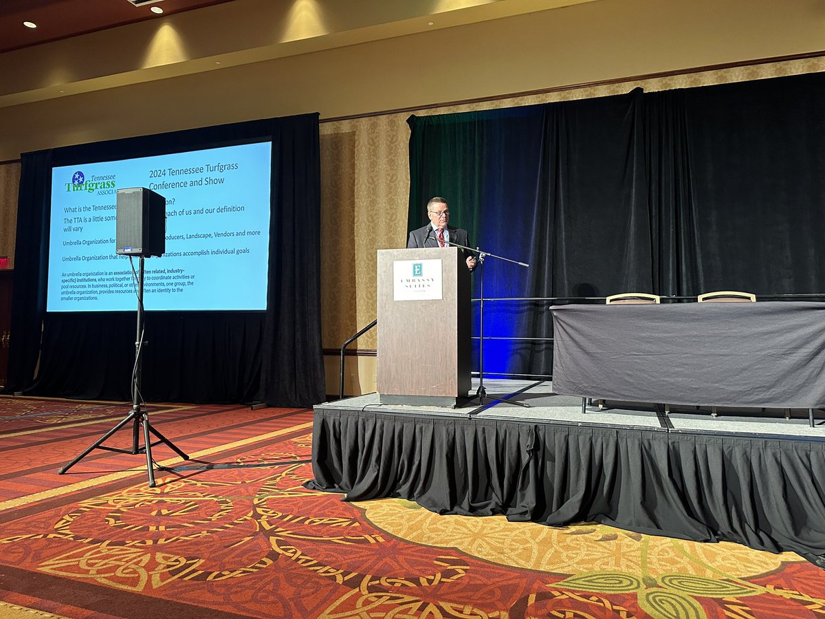 TnTurfAssoc's tweet photo. Tennessee Turfgrass Association president Chris Sykes @vtsykes welcomes the group to #TTACon2024 at the Embassy Suites in Murfreesboro.

We are excited to have members from across the Southeast here for three days at our 58th annual conference! https://t.co/Etr7Aww00o