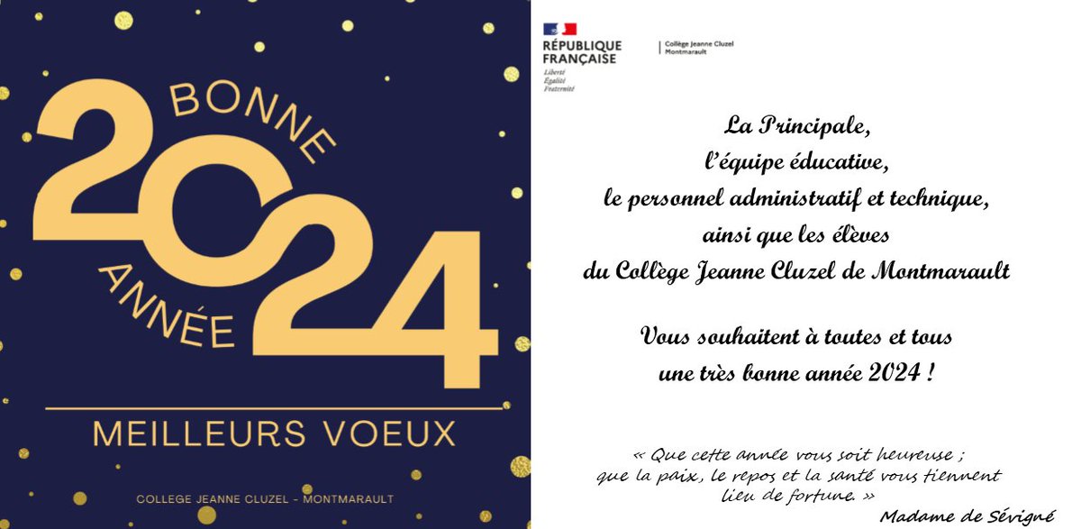 CollegeCluzel03's tweet photo. L'équipe du collège Jeanne Cluzel de Montmarault vous souhaite à toutes et tous une très #BonneAnnée2024 ! 🥳🎇🎆
@DSDEN_03 @acclermont @Allierdpt @BenmiloudKarim @claude_riboulet https://t.co/KYG4WRQzYV