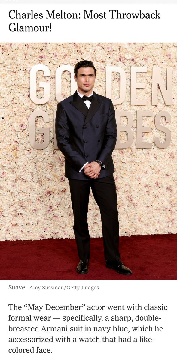 HandoftheLaw's tweet photo. Good write up by @NYTStyles on last night’s Golden Globes red carpet with refreshingly equal coverage of menswear. I’ll give my best dressed to @RealChalamet - while I love the “throwback glamour” of #CharlesMelton - a tux should never be worn with a wristwatch IMO. https://t.co/U40f8xMh24