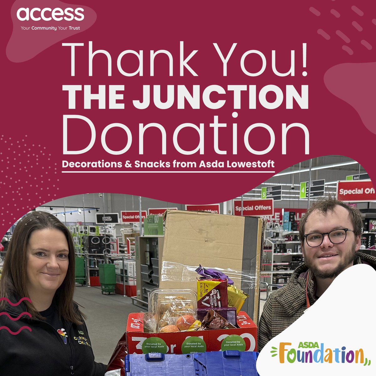 Thank You! Asda Lowestoft community💗 The donation will be put to good use, supporting Sunrise Studios & The Junction's Lowestoft Youth Collective forum which gets together this Wednesday evening🤝 You can support The Junction by donating here - bit.ly/jgaccess