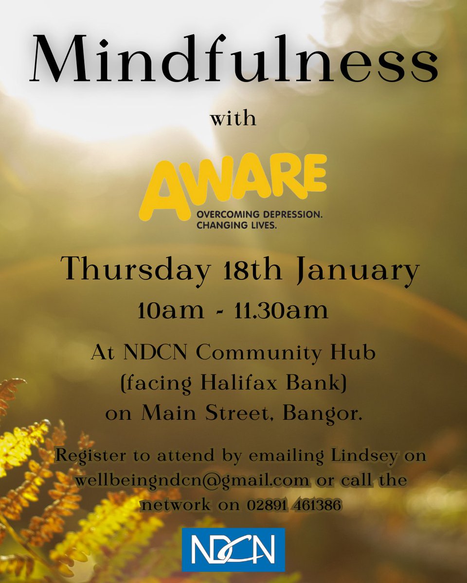 Next week we are delighted to confirm that our community café will return, and continue every Thursday 12-1pm in the NDCN Hub on Main Street, Bangor. We will also be hosting a Mindfullness session beforehand, next week 18th January, with @AwareNI & we encourage everyone to join!