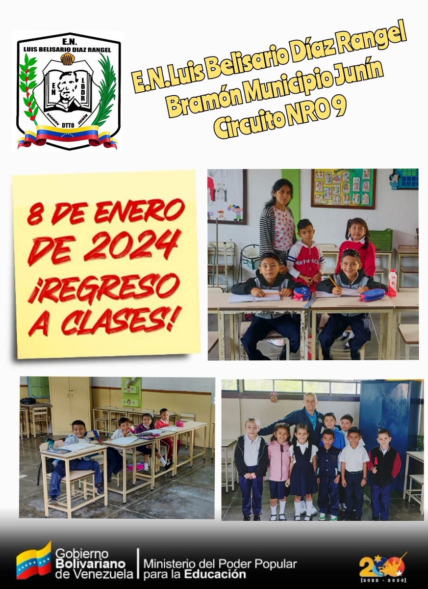#8Ene ¡Con amor y alegría regresamos a clases!
Inicio 2do momento pedagógico, año escolar 2023-2024.
<a href="/NicolasMaduro/">Nicolás Maduro</a> 
<a href="/_LaAvanzadora/">Yelitze Santaella</a> 
@MPPEDUCACION
<a href="/CDCETachira/">CDCE Táchira</a>
<a href="/Berzabethg1/">Berzabethgandicaoficial</a>