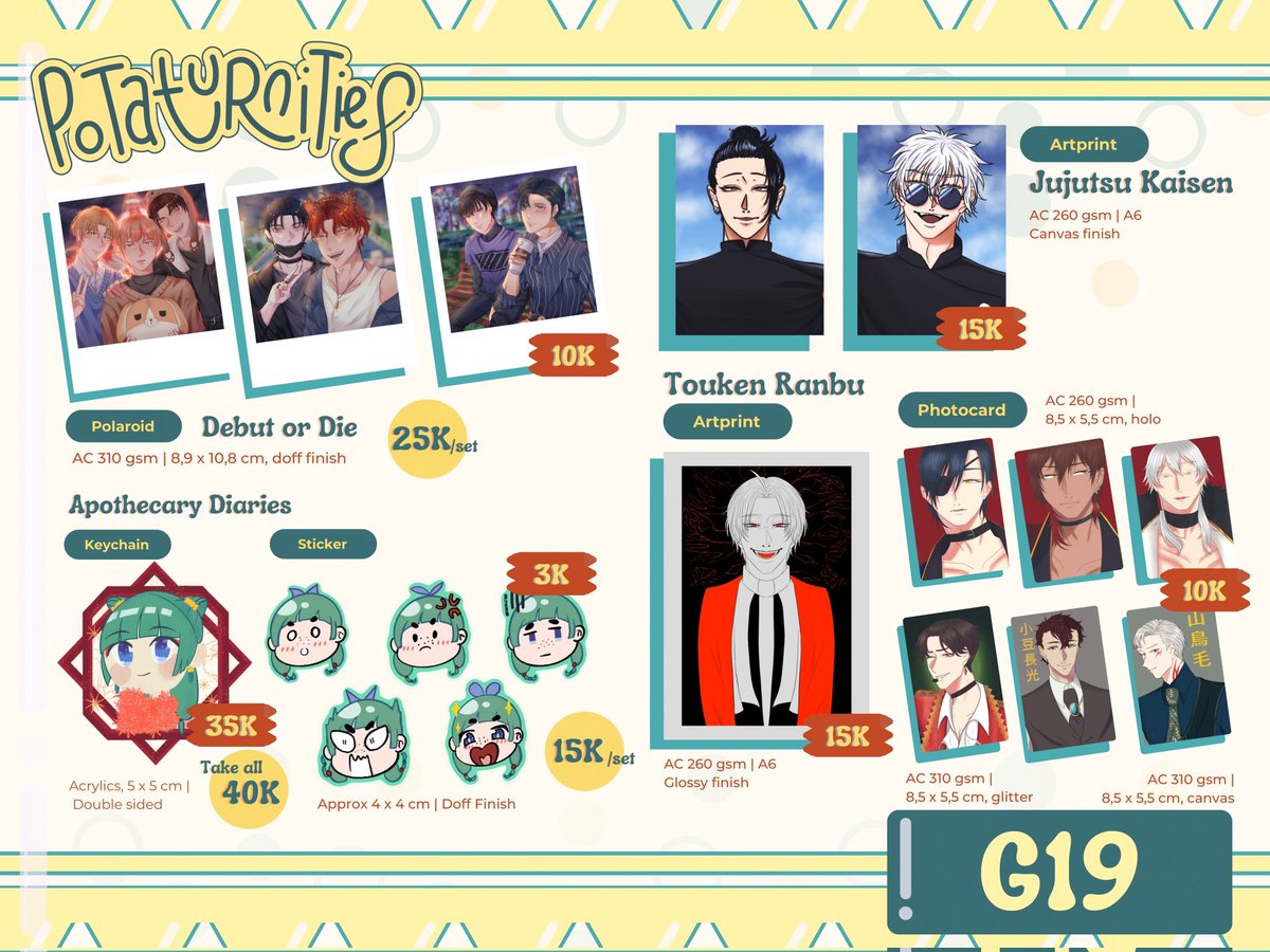 potaturnities's tweet photo. FANDOMS:

Chainsaw Man . Original Characters . Debut or Die . Jujutsu Kaisen . Apothecary Diaries . Touken Ranbu . 2434 NJSJ . BTS

#COCOMADAY2024 #COCOMADAY2024CATALOGUE https://t.co/dpoomZuXel