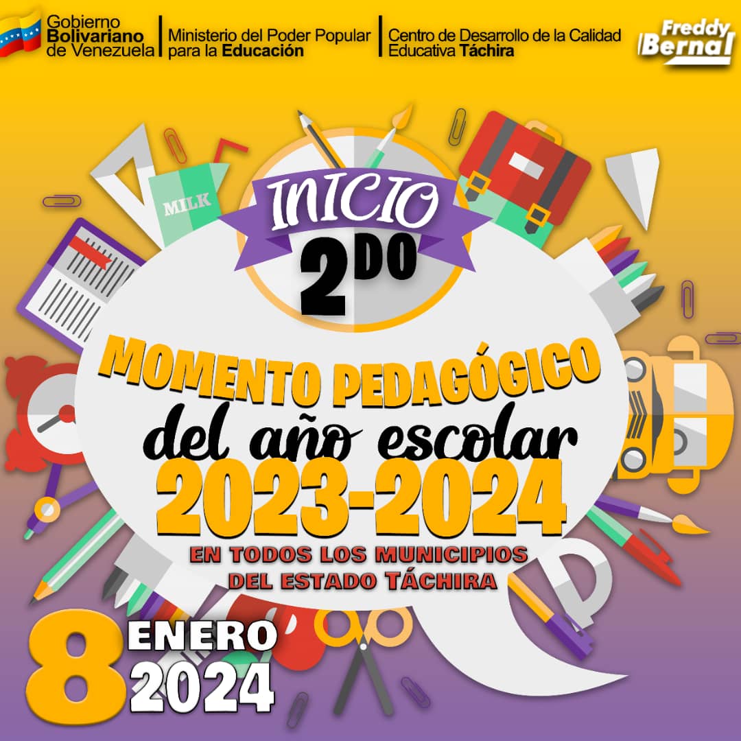#8Ene ¡Con amor y alegría regresamos a clases! 
Inicio 2do momento pedagógico, año escolar 2023-2024.
<a href="/NicolasMaduro/">Nicolás Maduro</a> 
<a href="/_LaAvanzadora/">Yelitze Santaella</a> 
@MPPEDUCACION
<a href="/CDCETachira/">CDCE Táchira</a>
<a href="/Berzabethg1/">Berzabethgandicaoficial</a>