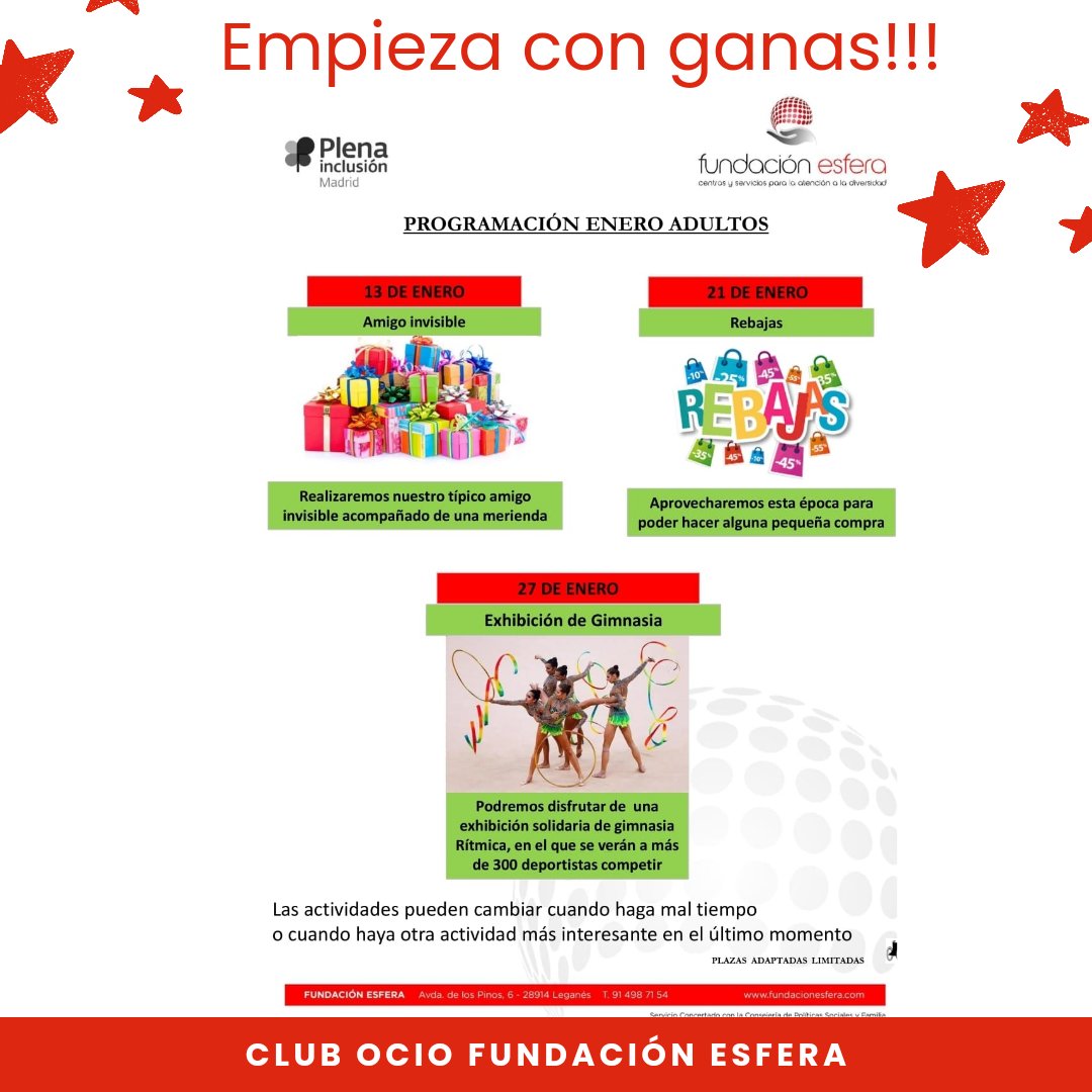 EsferaFundacion's tweet photo. Empezamos enero con la mejor actitud
y con la mejor oferta de ocio,
para que aquellos que estén interesados
puedan disfrutar de las actividades más divertidas
en la mejor compañía.

Vamos👌🏼👏🏼

#ocioinclusivo #ocioesfera #actividades #muycapaces #sumaenpositivo+ #did https://t.co/8PORAd0e33