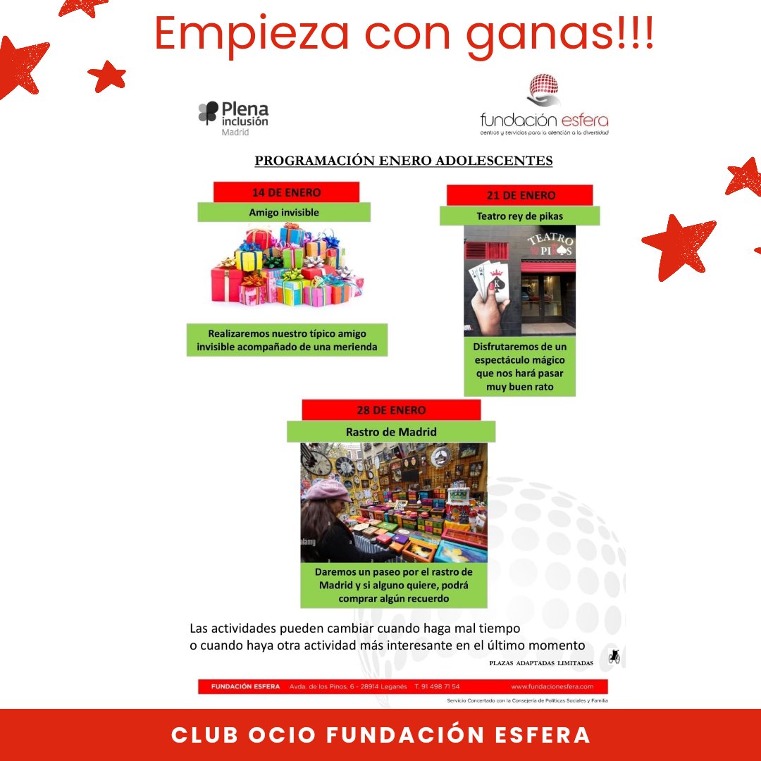 EsferaFundacion's tweet photo. Empezamos enero con la mejor actitud
y con la mejor oferta de ocio,
para que aquellos que estén interesados
puedan disfrutar de las actividades más divertidas
en la mejor compañía.

Vamos👌🏼👏🏼

#ocioinclusivo #ocioesfera #actividades #muycapaces #sumaenpositivo+ #did https://t.co/8PORAd0e33