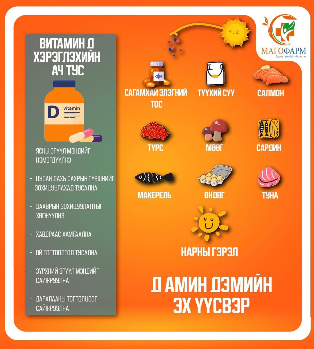 🇲🇳 Монгол оронд нарны тусгал  зуны 3сар тусаад бусад улиралд бага тусдаг учраас 💊Витамин Д-ийн дутагдал өндөр гэсэн судалгаанууд байна. 🤗
💊Та Витамин Д шинжилгээ өгөөд эмчийн зааврийн дагуу ууж хэрэглээрэй.👨‍⚕️🤗

#МАГОФАРМ Эмийн Сангийн бүх салбарууд  🤗