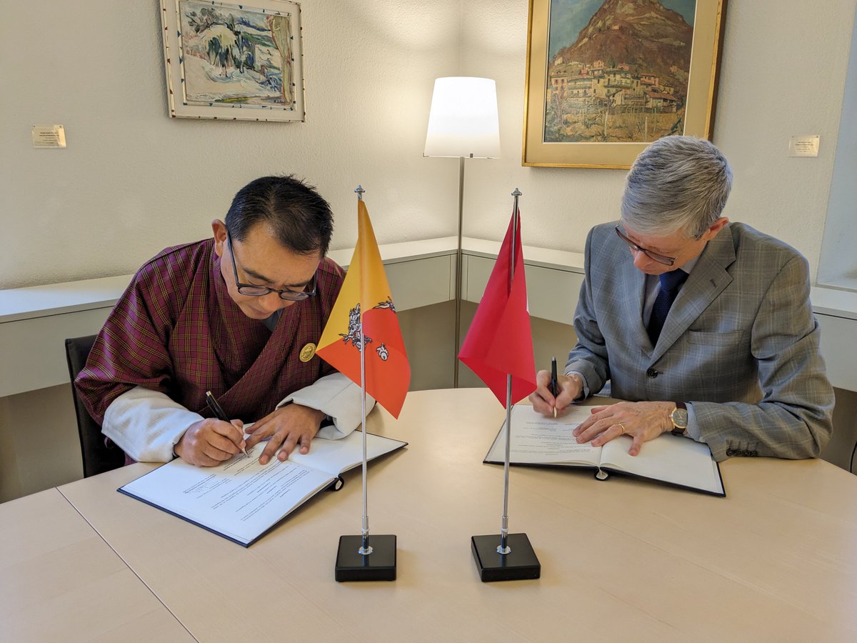 SwissMFAasia's tweet photo. Glad to receive Ambassador Tenzin Rondel Wangchuk of Bhutan in Berne. Friendship and respect are the foundation of our longstanding ties. 
Today, we signed a MoU that reaffirms our common goal to strengthen 🇨🇭-🇧🇹 bilateral relations through regular political consultations. https://t.co/N8rYDjU0tx