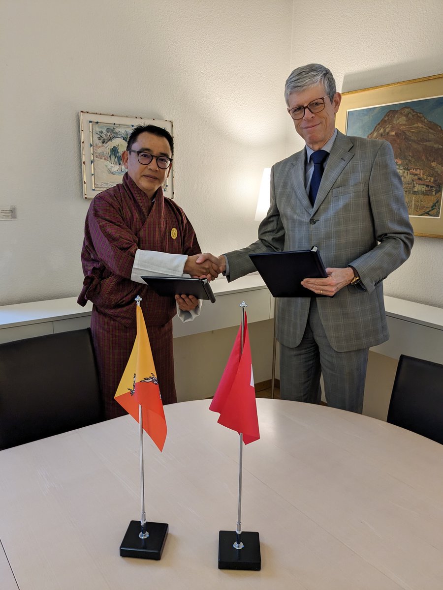 SwissMFAasia's tweet photo. Glad to receive Ambassador Tenzin Rondel Wangchuk of Bhutan in Berne. Friendship and respect are the foundation of our longstanding ties. 
Today, we signed a MoU that reaffirms our common goal to strengthen 🇨🇭-🇧🇹 bilateral relations through regular political consultations. https://t.co/N8rYDjU0tx