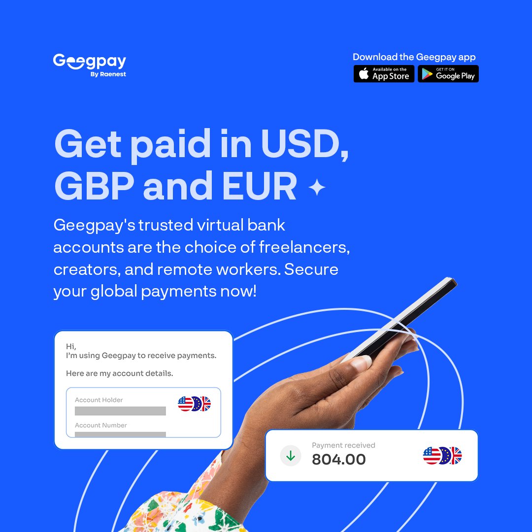 RaenestApp's tweet photo. Freelancers, Creators, Remote Workers, and Independent Contractors in Nigeria trust Geegpay's USD, GBP, and EUR virtual bank accounts to receive foreign payments for their work. 💃

Instant bank creation ☑️
Great rates ☑️
Zero conversion fee ☑️
ACH &amp; Domestic Wire Deposit ☑️