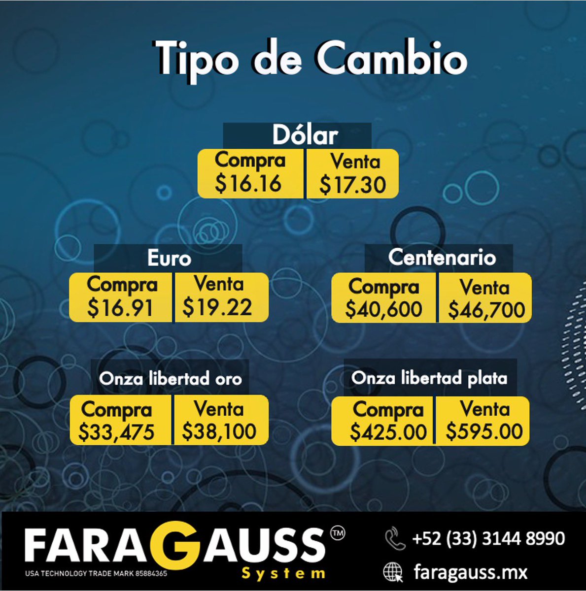 FaragaussMx's tweet photo. Te compartimos el #TipoDeCambio 📈 para este día. Así amanecieron el #Dólar 💵 y el #Euro 💶
#Faragauss https://t.co/7V5BuhV9jN