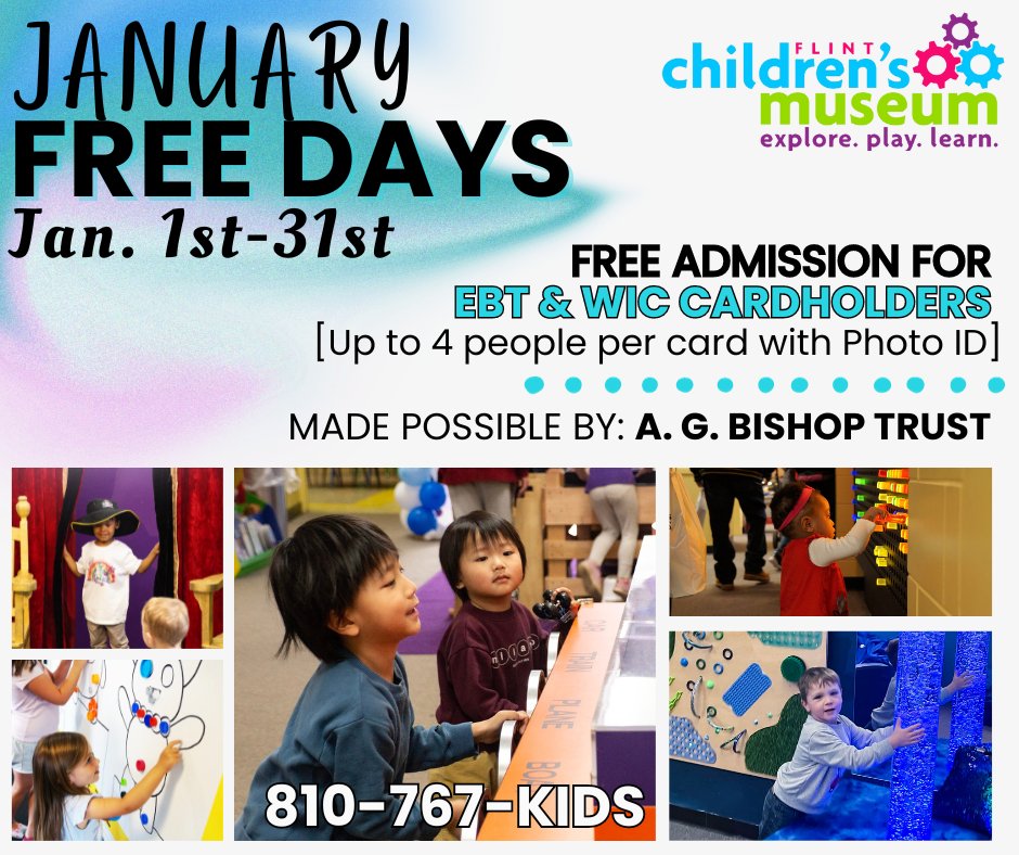 FlintChildrensM's tweet photo. A.G. Bishop Trust is sponsoring free days in January at the Flint Children's Museum for families with EBT &amp; WIC cards! Check out our calendar to see what's in store for January: https://t.co/gKny5YNpj7
#FreeDay #Family #ChildrensMuseum #FamilyEvents https://t.co/htMSGJ0YIM