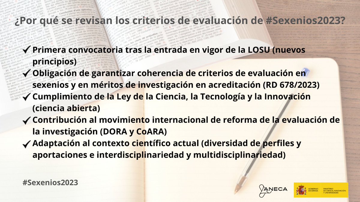 🟢El día 22/01 se abre la convocatoria de #Sexenios2023
✅Aquí puedes leer la Resolución de criterios de evaluación: boe.es/boe/dias/2023/…
✅Esta convocatoria incorpora importantes novedades. ¿Sabes por qué se han revisado los criterios de evaluación? Lo resumimos aquí 👇