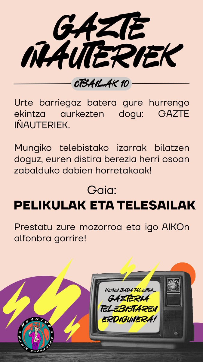 Urte barrie hastegaz batera iñauterietako plana prestatu dogu!😉

AIKOtik proposatzen dogun gaia PELIKULAK ETA TELESAILAK da📺🎞️📽️

Laster informaziño gehiau zabalduko dogun arren hasi zuon mozorrorik onenak prestatzen gure mozorro lehiaketan parte hartzeko!✨

AIKO ZER DATORREN!