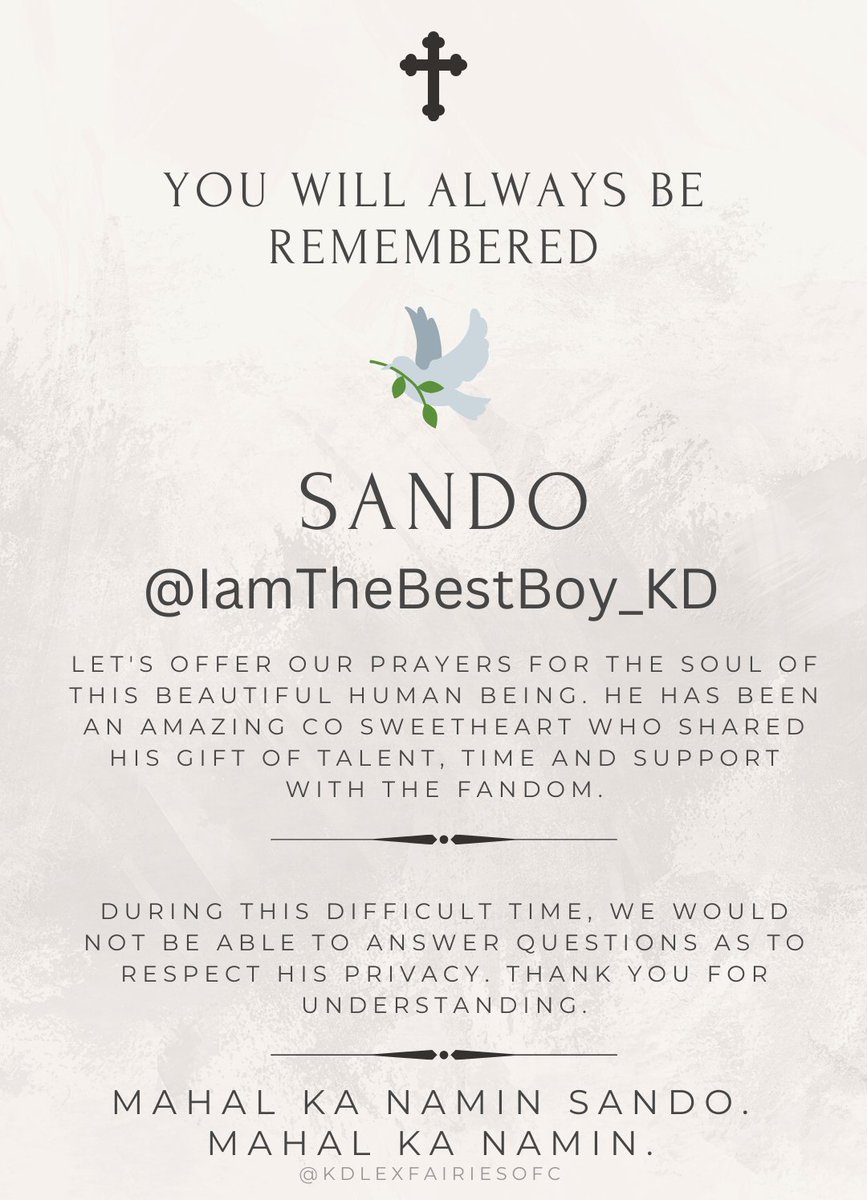 kdlexfairiesofc's tweet photo. It is with a heavy heart that we knew the passing of our dear @ImTheBestBoy_KD. 

During this poignant, heart-wrenching period, please refrain from asking questions to honor his privacy. 

May you find peace and eternal happiness in the afterlife, Sando.
We love you dearly ♡ https://t.co/AidvkxsIHY