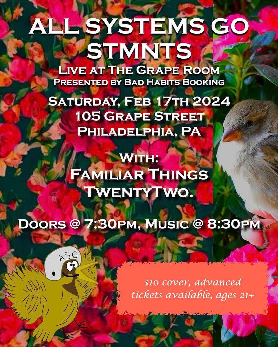 Incredible show at PhilaMOCA this past weekend. Thankfully, if you missed it, or just want to party with us again, we’ll be in Manayunk on 2/17 rocking the Grape Room with <a href="/stmntsband/">STMNTS</a> <a href="/allsystemsgoNJ/">All Systems Go</a> and TwentyTwo. See y’all again real soon 😉