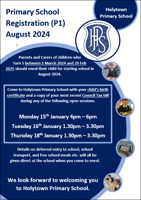 A reminder that the Registration of P1 beginners for August 2024 will take place next week. All details are below. Please remember to bring your child's birth certificate and your most recent council tax bill with you.