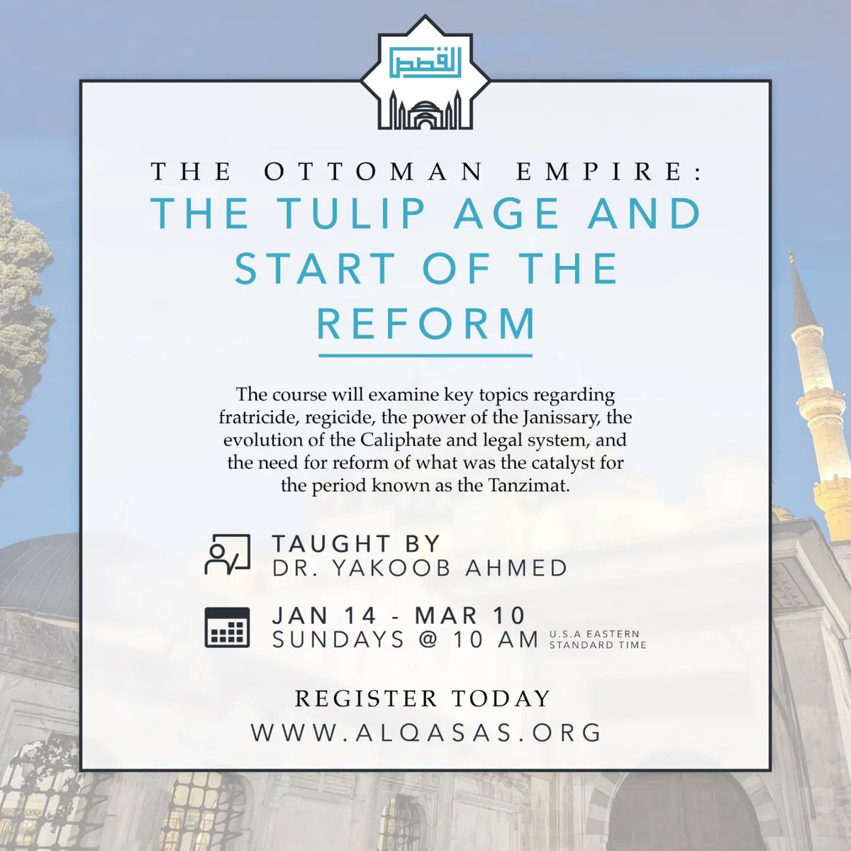 AlQasasOrg's tweet image. The course will examine key topics regarding fratricide, regicide, the power of the Janissary and the evolution of the Ottoman Caliphate and legal system, and the need for reform of what was the catalyst for the period known as the Tanzimat.

Registration:
alqasas.org/products/the-o…
