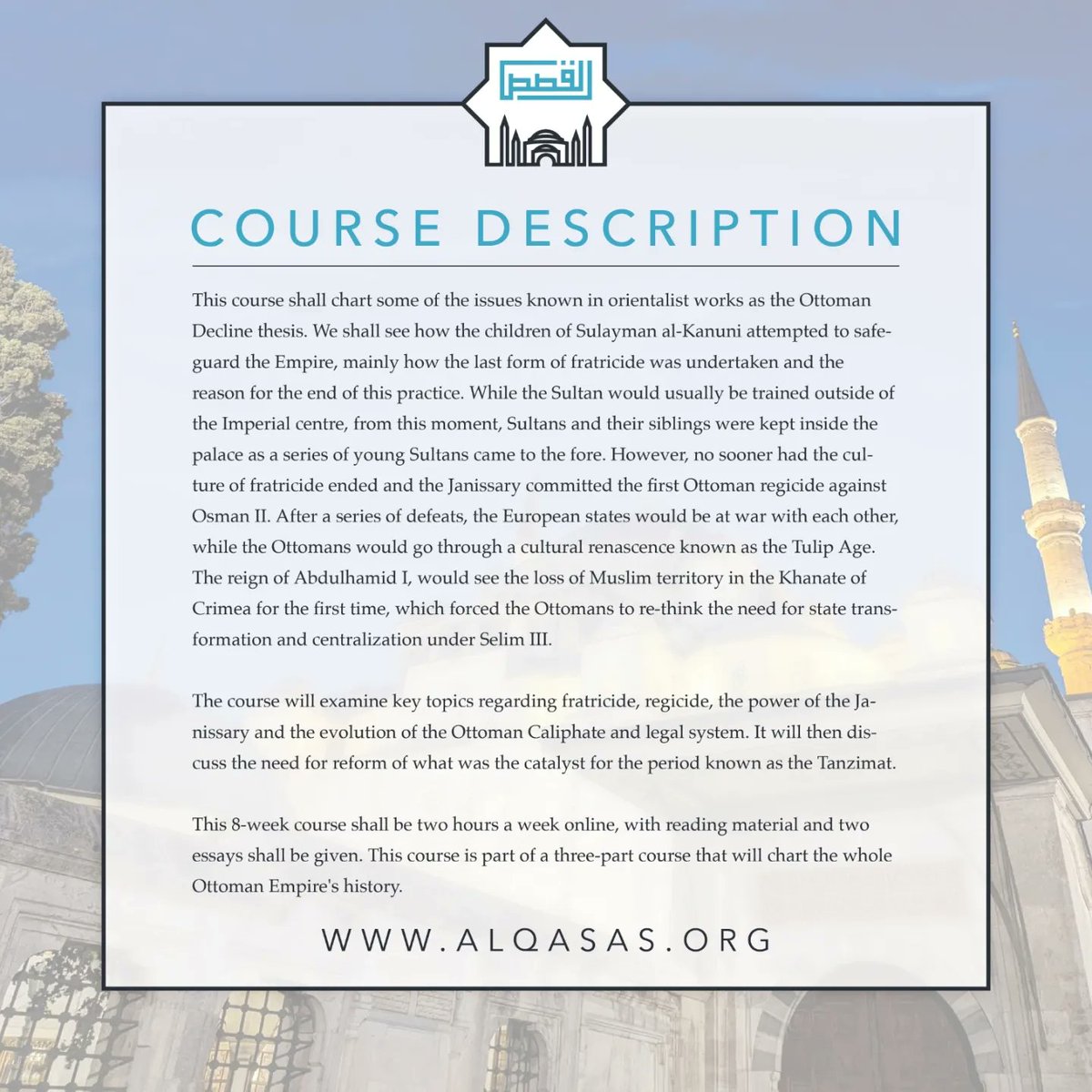 AlQasasOrg's tweet image. The course will examine key topics regarding fratricide, regicide, the power of the Janissary and the evolution of the Ottoman Caliphate and legal system, and the need for reform of what was the catalyst for the period known as the Tanzimat.

Registration:
alqasas.org/products/the-o…