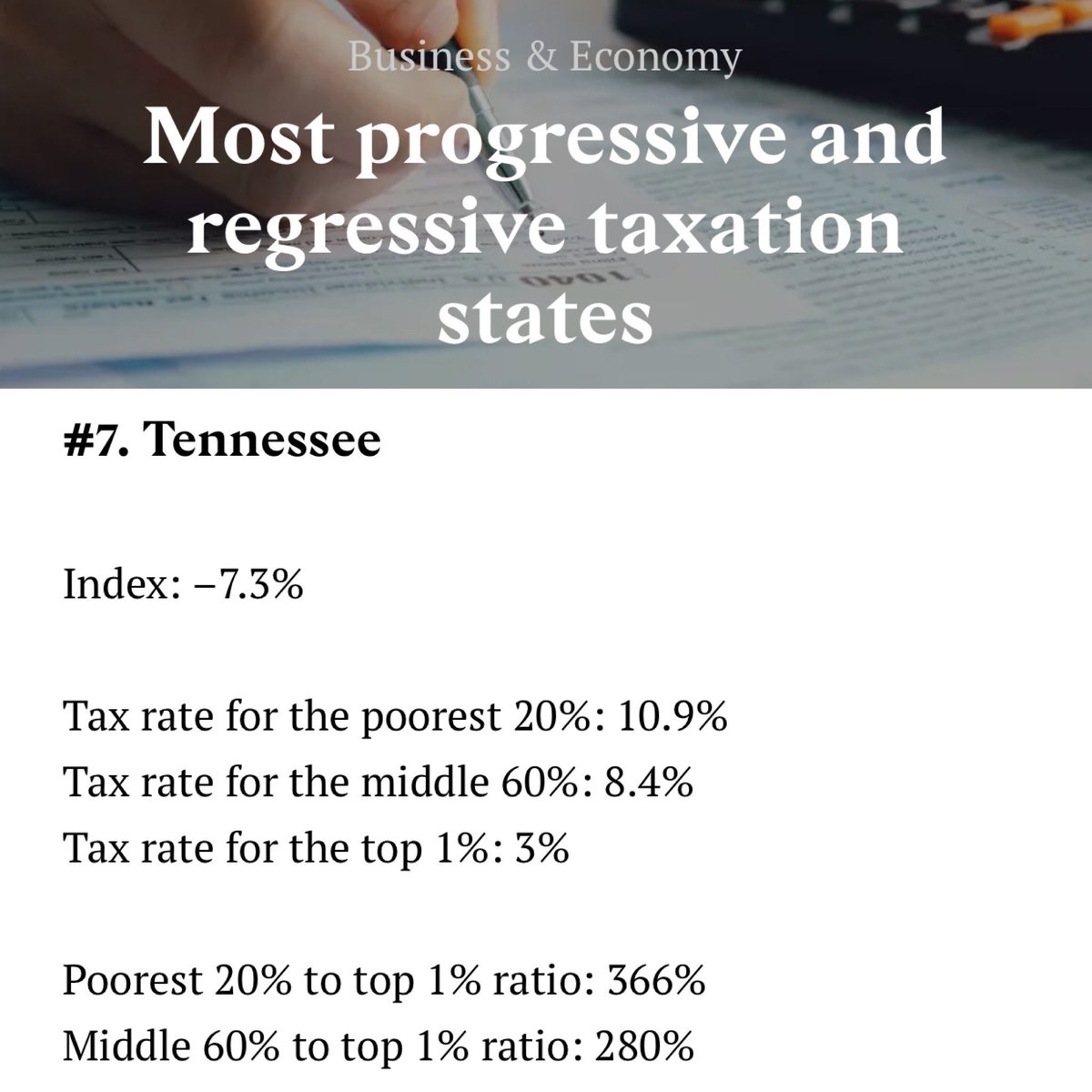 PSA: @GovBillLee keeps saying we’re the lowest taxed state… but that’s only when you group the rich in with the poor. If anything Tennessee has gotten MORE regressive since this 👇🏽 (meaning lower income folks pay a higher % of their income in taxes) stacker.com/business-econo…
