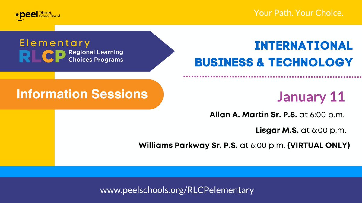 Join us for the International Business and Technology Regional Learning Choices Program Info Night on Jan. 11 at 6 p.m. at: Allan A. Martin Sr. P.S. Lisgar M.S. Williams Parkway Sr. P.S. (VIRTUAL) Learn more: peelschools.org/elementary-reg… @AllanAMartinPS @LisgarMS @wp_panthers