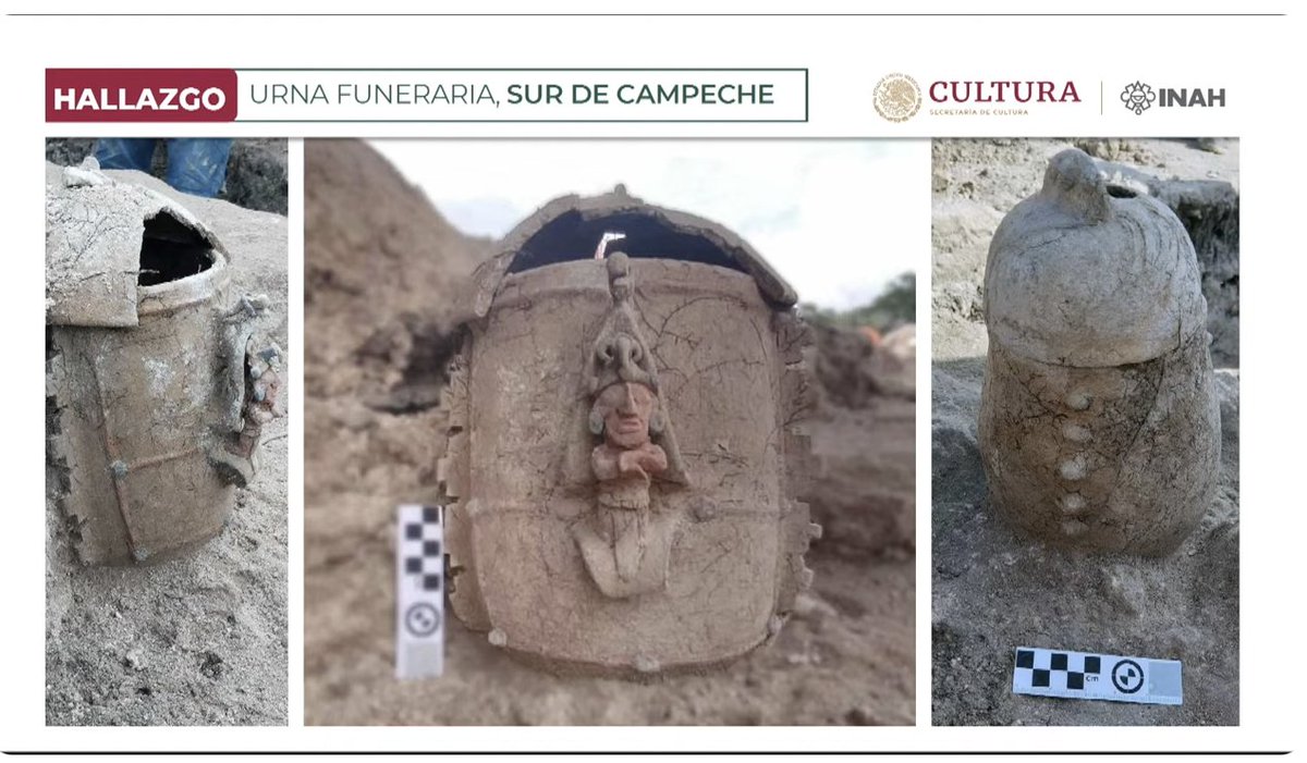 canalcatorcemx's tweet photo. @lopezobrador_ #ConferenciaPresidente | @dprieto_ , titular del @INAHmx, presentó una urna funeraria con la imagen del dios del maíz, localizada en las tareas de rescate arqueológico en el #Tramo7 del #TrenMaya. https://t.co/Jf9HVoXNiI