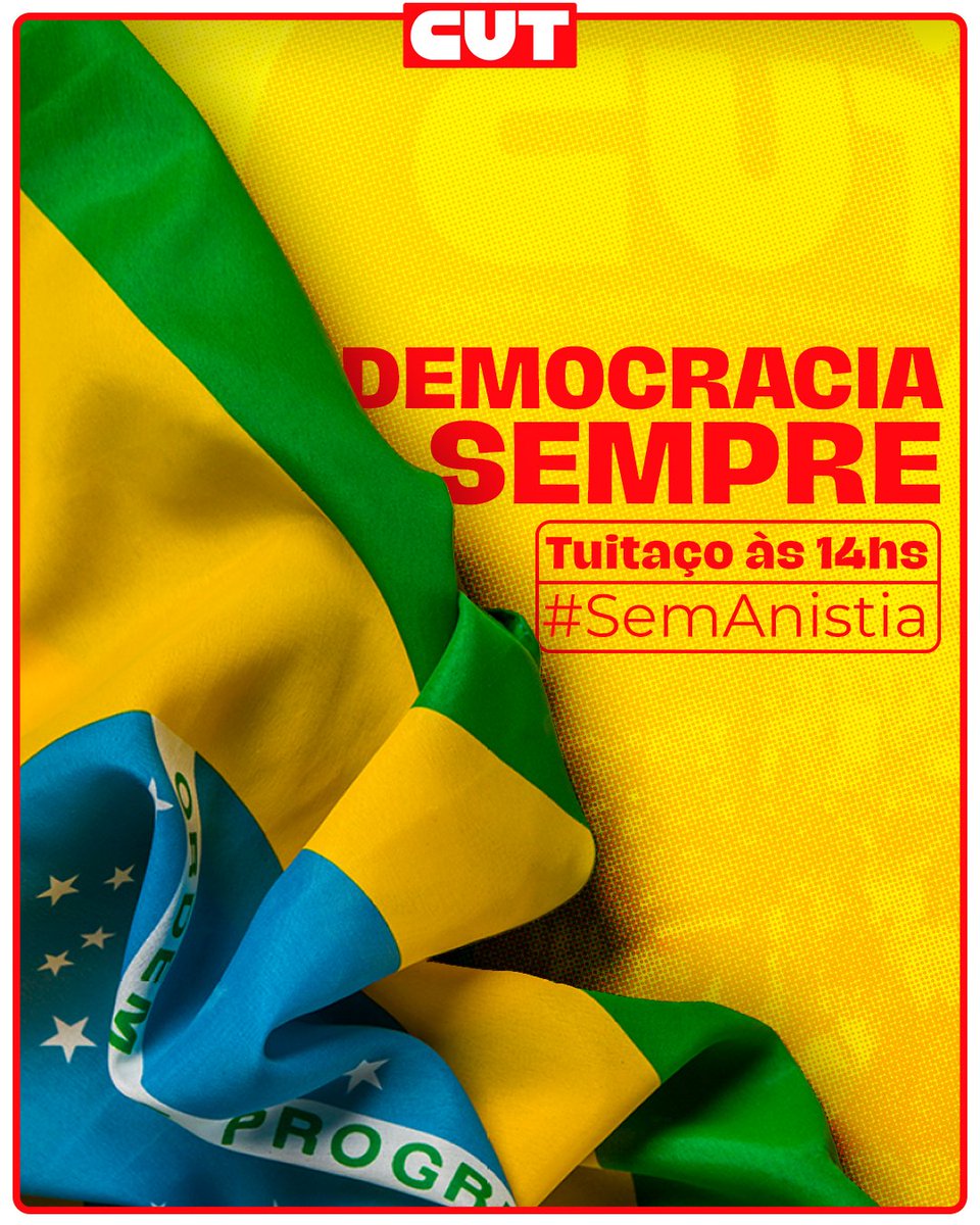 CUT_Brasil's tweet photo. #SemAnistia

A partir das 14h, desta segunda-feira (8), vamos ocupar as redes sociais em defesa da democracia e da constituição brasileira e relembrar um ano da tentativa de golpe com a invasão da Praça dos Três Poderes em Brasília e a destruição dos prédios do 3 poderes. https://t.co/Jas6FN78my