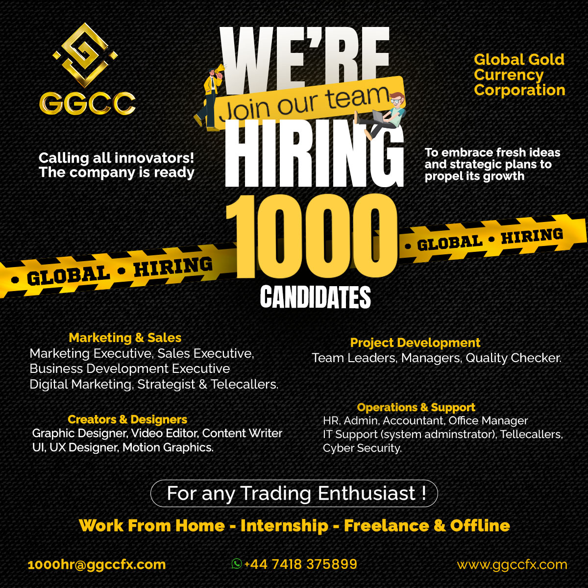 Exciting news, Mass Hiring!

 We're thrilled to announce the availability of 1000 vacancies, opening doors to new opportunities and possibilities. 

 #JobOpportunities #CareerGrowth #NowHiring #1000Vacancies #JoinOurTeam #GlobalHiring  #Jobhiring #Opportunity #GGCCfx