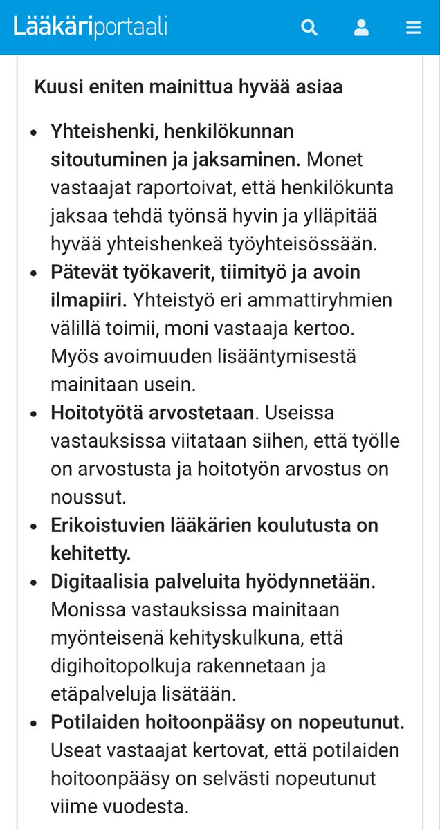 ”Hyviä uutisia terveydenhuollosta

1️⃣Yhteishenki, henkilökunnan sitoutuminen & jaksaminen

2️⃣Pätevät työkaverit, tiimityö & avoin ilmapiiri

3️⃣Hoitotyötä arvostetaan

4️⃣Erikoistuvien lääkärien koulutusta kehitetty

5️⃣Digit. palveluita hyödynnetään

6️⃣Hoitoonpääsy nopeutunut”