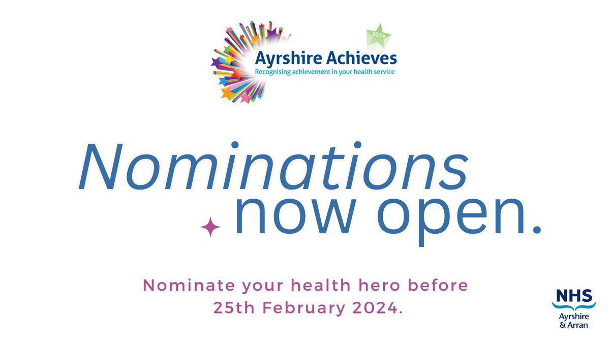 Ayrshire Achieves is returning in 2024 to celebrate and recognise the exceptional workers in NHS Ayrshire & Arran and the Health and Social Care Partnerships in East South and North Ayrshire. You can now nominate now here: nhsaaa.net/ayrshireachiev… #AAawards24