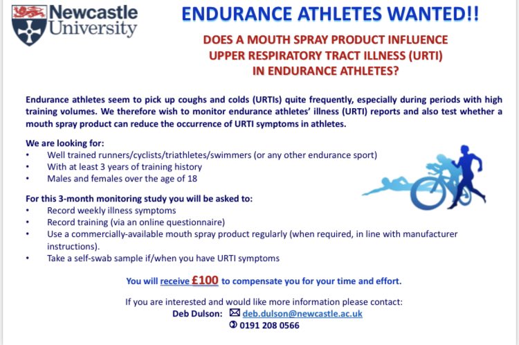DebDulson's tweet photo. Attention all endurance athletes around the Newcastle/North East area. 

We are wanting to recruit you for a 3 month monitoring study to determine if a mouth spray product can reduce illness symptoms such as colds, coughs etc. 

If you would like to know more, email me or DM. https://t.co/yl1K4HDYnA