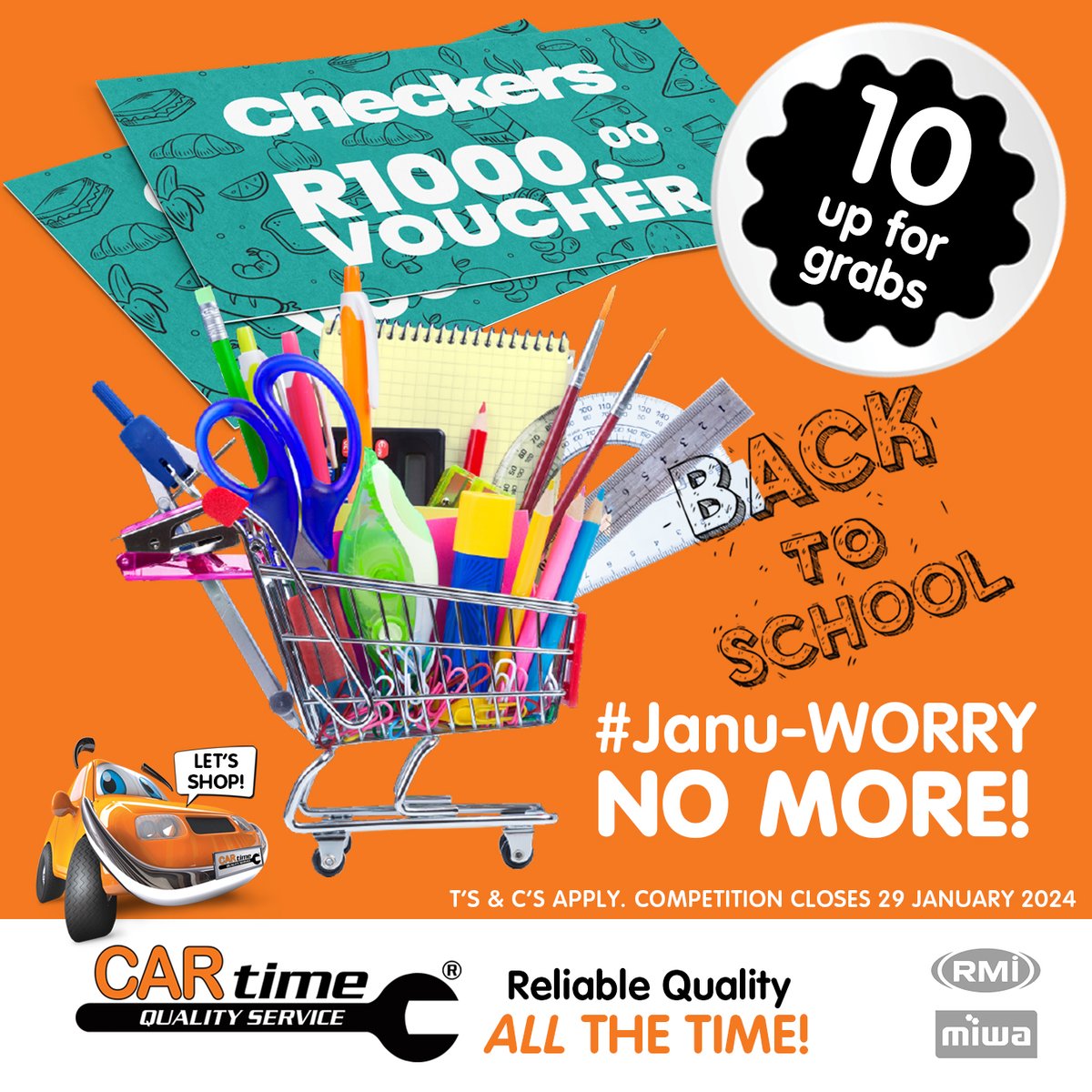 CARtime_ZA's tweet photo. We've got something special just for you – a chance to WIN 1 off 10 Checkers vouchers valued at R1000 CARtime taking the worry out of your Janu-WORRY’s and making your back-to-school shopping a breeze! 🛒💸

#CARtime #CarServiceCentre #RMIApproved #BookNow https://t.co/tcpoNT7ESs