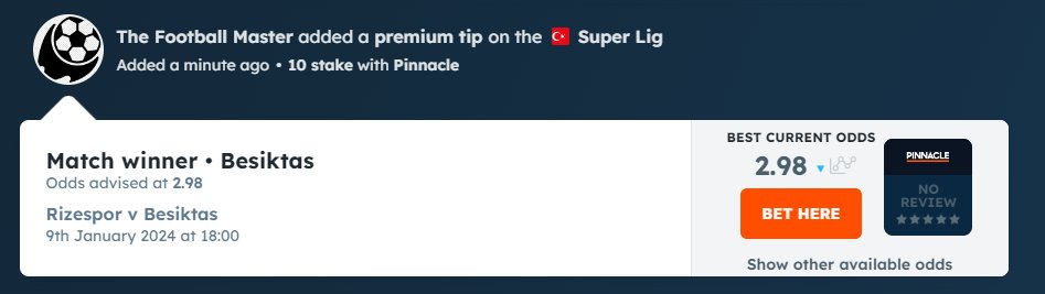 T_Foot_Master's tweet image. "Monday's Bet of The Day "        
9 January / Turkish Super Lig
Rizespor vs  Besiktas
Besiktas to win @ 2.98 @Pinnacle 

#FreePick #BOTD like retweet