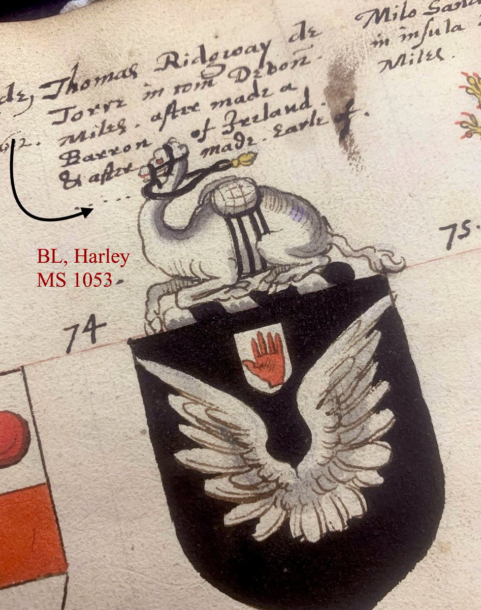 NatisArms's tweet image. Tho. Ridgeway, 1st Earl of Londonderry (1565? – 1631) was an English administrator active in Ireland. 
BL, Harley MS 1053, c.1640, a book of #heraldry by John Withie, a painter of the #CollegeofArms. 
His monument is in Tor Mohun Church, #Devonshire, #camel #MondayMotivation