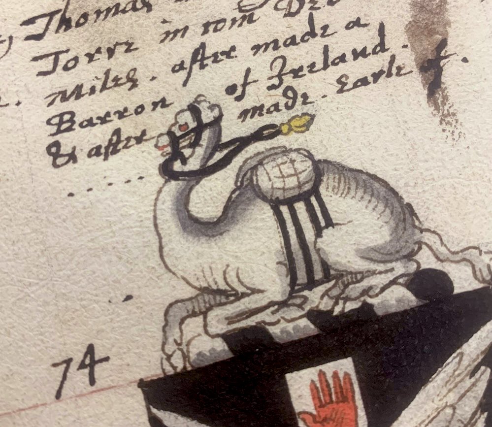 NatisArms's tweet image. Tho. Ridgeway, 1st Earl of Londonderry (1565? – 1631) was an English administrator active in Ireland. 
BL, Harley MS 1053, c.1640, a book of #heraldry by John Withie, a painter of the #CollegeofArms. 
His monument is in Tor Mohun Church, #Devonshire, #camel #MondayMotivation
