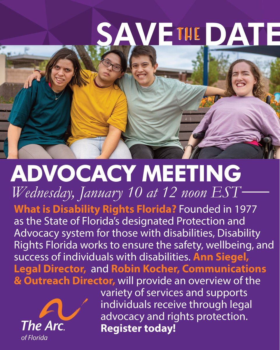 Join us for our January Advocacy Meeting this Wednesday with Disability Rights Florida. Learn about their services and supports. Register now! #AchieveWithUs #advocate  ow.ly/RvAN50Qnyvk
