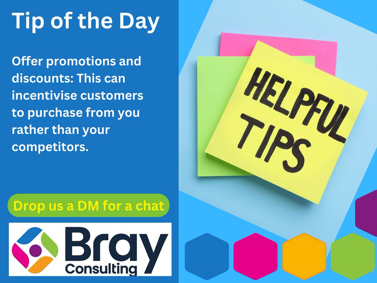 Sales Tip of the Day from #BrayConsulting:
Offer promotions and discounts: This can incentivise customers to purchase from you rather than your competitors.
#SalesGrowth #ProfitGrowth #CustomerRetention #HappyCustomers